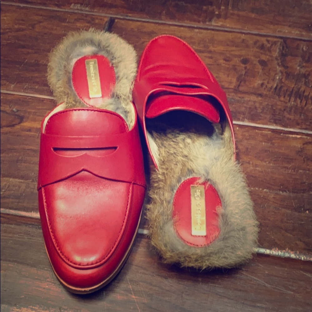 Red fur loafers